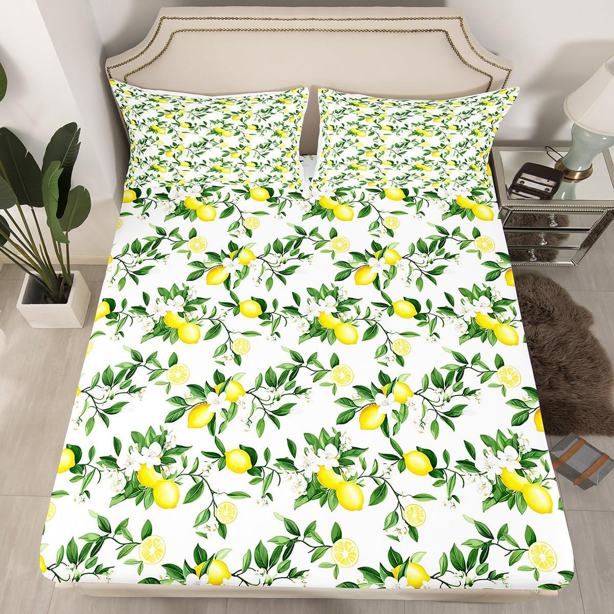 Lemon Bottom Sheet Queen,Summer Fruits Bedding Set for Kids Teens Adults Girls Room Decor,Green Leaves Plants Sheet Set Fresh Nature Yellow White 4pcs Fitted Sheet+Flat Sheet+2 Pillowcases