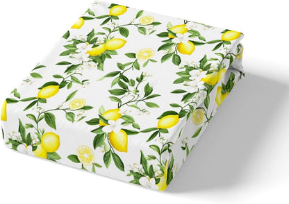 Lemon Bottom Sheet Queen,Summer Fruits Bedding Set for Kids Teens Adults Girls Room Decor,Green Leaves Plants Sheet Set Fresh Nature Yellow White 4pcs Fitted Sheet+Flat Sheet+2 Pillowcases