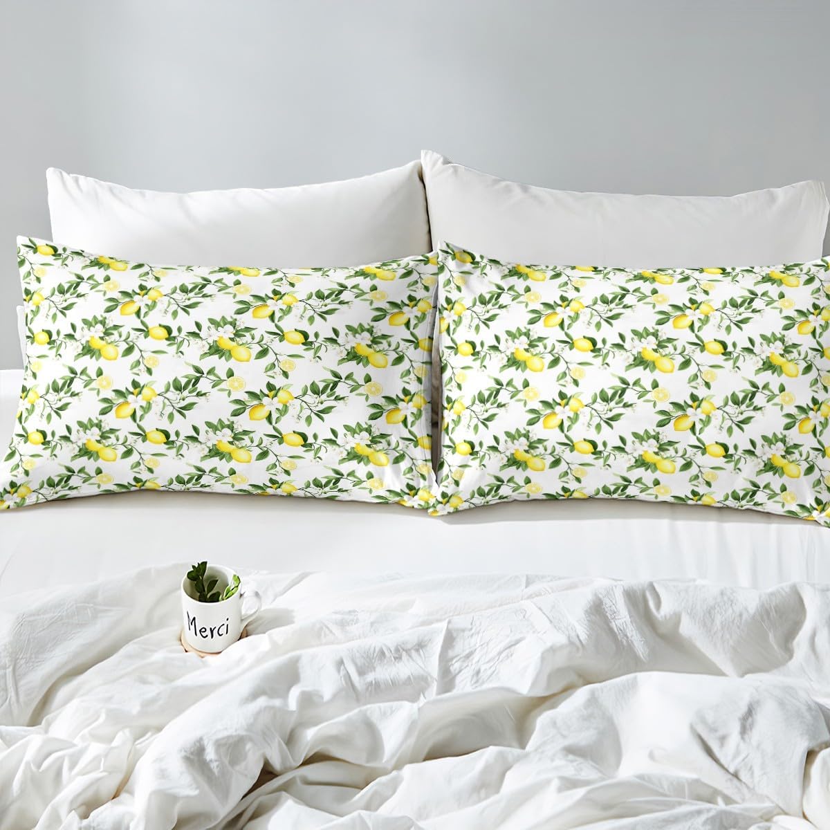 Lemon Bottom Sheet Queen,Summer Fruits Bedding Set for Kids Teens Adults Girls Room Decor,Green Leaves Plants Sheet Set Fresh Nature Yellow White 4pcs Fitted Sheet+Flat Sheet+2 Pillowcases