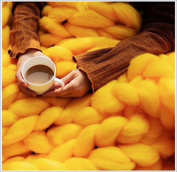 Chunky Knit Blanket Throw Cotton Throw Blanket 100% Handmade Warm & Cozy Blanket Couch Hand Knit Couch Throw Blanket Bed Home Decor Soft Breathable Fleece Throws,Yellow,60x60cm(24x24inch)
