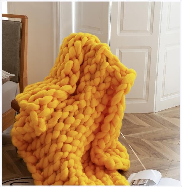 Chunky Knit Blanket Throw Cotton Throw Blanket 100% Handmade Warm & Cozy Blanket Couch Hand Knit Couch Throw Blanket Bed Home Decor Soft Breathable Fleece Throws,Yellow,60x60cm(24x24inch)