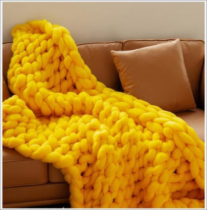 Chunky Knit Blanket Throw Cotton Throw Blanket 100% Handmade Warm & Cozy Blanket Couch Hand Knit Couch Throw Blanket Bed Home Decor Soft Breathable Fleece Throws,Yellow,60x60cm(24x24inch)