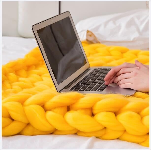 Chunky Knit Blanket Throw Cotton Throw Blanket 100% Handmade Warm & Cozy Blanket Couch Hand Knit Couch Throw Blanket Bed Home Decor Soft Breathable Fleece Throws,Yellow,60x60cm(24x24inch)