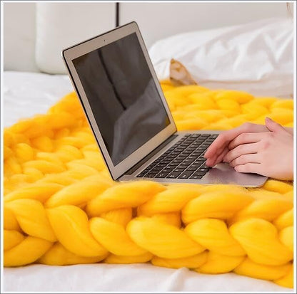 Chunky Knit Blanket Throw Cotton Throw Blanket 100% Handmade Warm & Cozy Blanket Couch Hand Knit Couch Throw Blanket Bed Home Decor Soft Breathable Fleece Throws,Yellow,60x60cm(24x24inch)