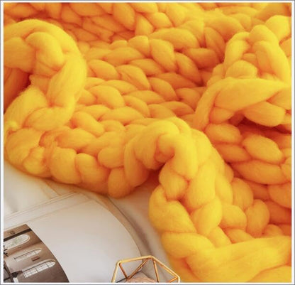 Chunky Knit Blanket Throw Cotton Throw Blanket 100% Handmade Warm & Cozy Blanket Couch Hand Knit Couch Throw Blanket Bed Home Decor Soft Breathable Fleece Throws,Yellow,60x60cm(24x24inch)