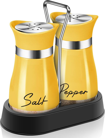 Yellow Salt and Pepper Shakers - 4 oz Set with Holder for Kitchen Decor | Refillable 4 oz Shakers with a Matching Holder Add Farmhouse Style to Kitchens, Tables, Thanksgiving and Christmas Decor.