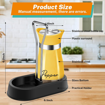 Yellow Salt and Pepper Shakers - 4 oz Set with Holder for Kitchen Decor | Refillable 4 oz Shakers with a Matching Holder Add Farmhouse Style to Kitchens, Tables, Thanksgiving and Christmas Decor.
