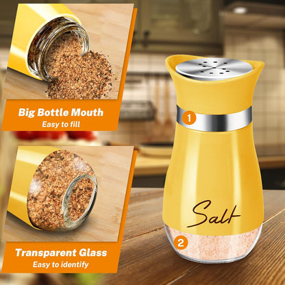 Yellow Salt and Pepper Shakers - 4 oz Set with Holder for Kitchen Decor | Refillable 4 oz Shakers with a Matching Holder Add Farmhouse Style to Kitchens, Tables, Thanksgiving and Christmas Decor.