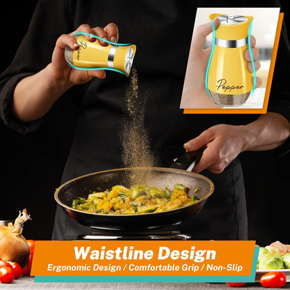 Yellow Salt and Pepper Shakers - 4 oz Set with Holder for Kitchen Decor | Refillable 4 oz Shakers with a Matching Holder Add Farmhouse Style to Kitchens, Tables, Thanksgiving and Christmas Decor.