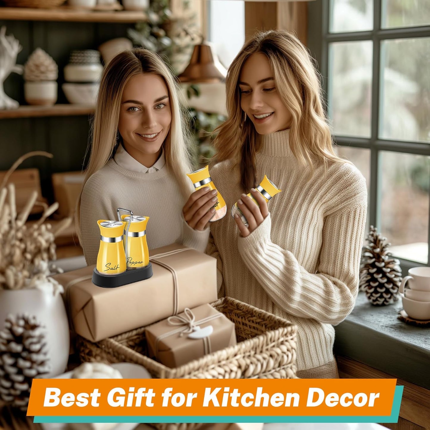 Yellow Salt and Pepper Shakers - 4 oz Set with Holder for Kitchen Decor | Refillable 4 oz Shakers with a Matching Holder Add Farmhouse Style to Kitchens, Tables, Thanksgiving and Christmas Decor.