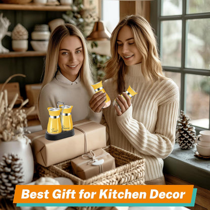 Yellow Salt and Pepper Shakers - 4 oz Set with Holder for Kitchen Decor | Refillable 4 oz Shakers with a Matching Holder Add Farmhouse Style to Kitchens, Tables, Thanksgiving and Christmas Decor.