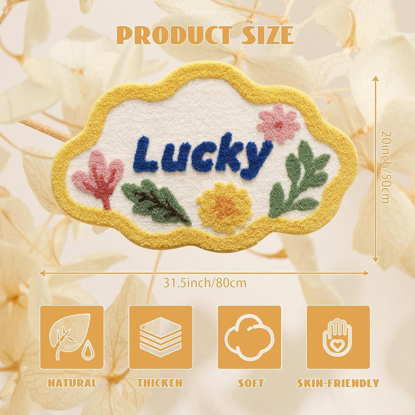 Cloud Shaped Lucky Bath Mat, Non-Slip Fluffy Floral Doormat with Blue Letter, Ultra Absorbent Microfiber Rug, Yellow Edge Machine Washable Carpet for Bathroom Doorway 20x31 Inch (Yellow)