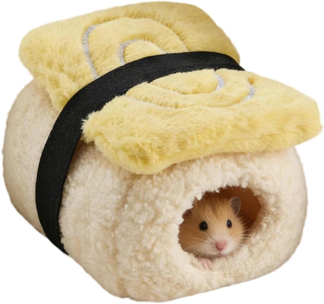 Sushi Shape Hamster Bed Plush Guinea Pig Cave Bed Warm Small Pet House Habitat Comfortable Hamster Hideout Small Pet Beds (Yellow)