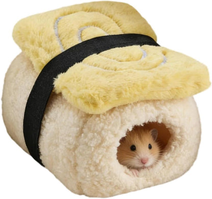 Sushi Shape Hamster Bed Plush Guinea Pig Cave Bed Warm Small Pet House Habitat Comfortable Hamster Hideout Small Pet Beds (Yellow)