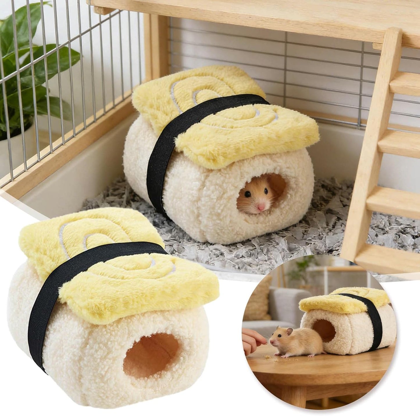 Sushi Shape Hamster Bed Plush Guinea Pig Cave Bed Warm Small Pet House Habitat Comfortable Hamster Hideout Small Pet Beds (Yellow)