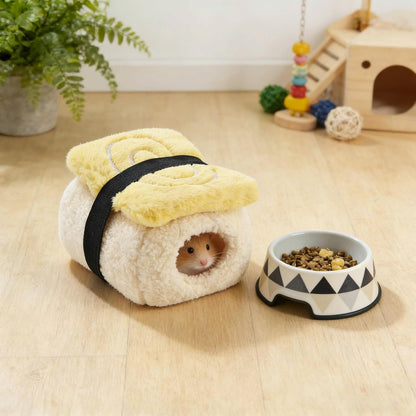 Sushi Shape Hamster Bed Plush Guinea Pig Cave Bed Warm Small Pet House Habitat Comfortable Hamster Hideout Small Pet Beds (Yellow)