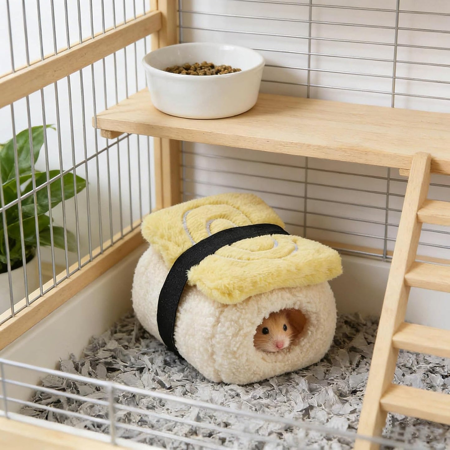Sushi Shape Hamster Bed Plush Guinea Pig Cave Bed Warm Small Pet House Habitat Comfortable Hamster Hideout Small Pet Beds (Yellow)