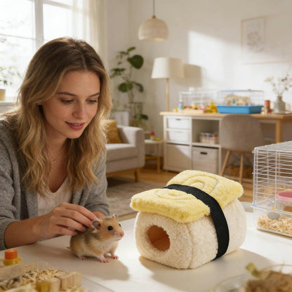 Sushi Shape Hamster Bed Plush Guinea Pig Cave Bed Warm Small Pet House Habitat Comfortable Hamster Hideout Small Pet Beds (Yellow)
