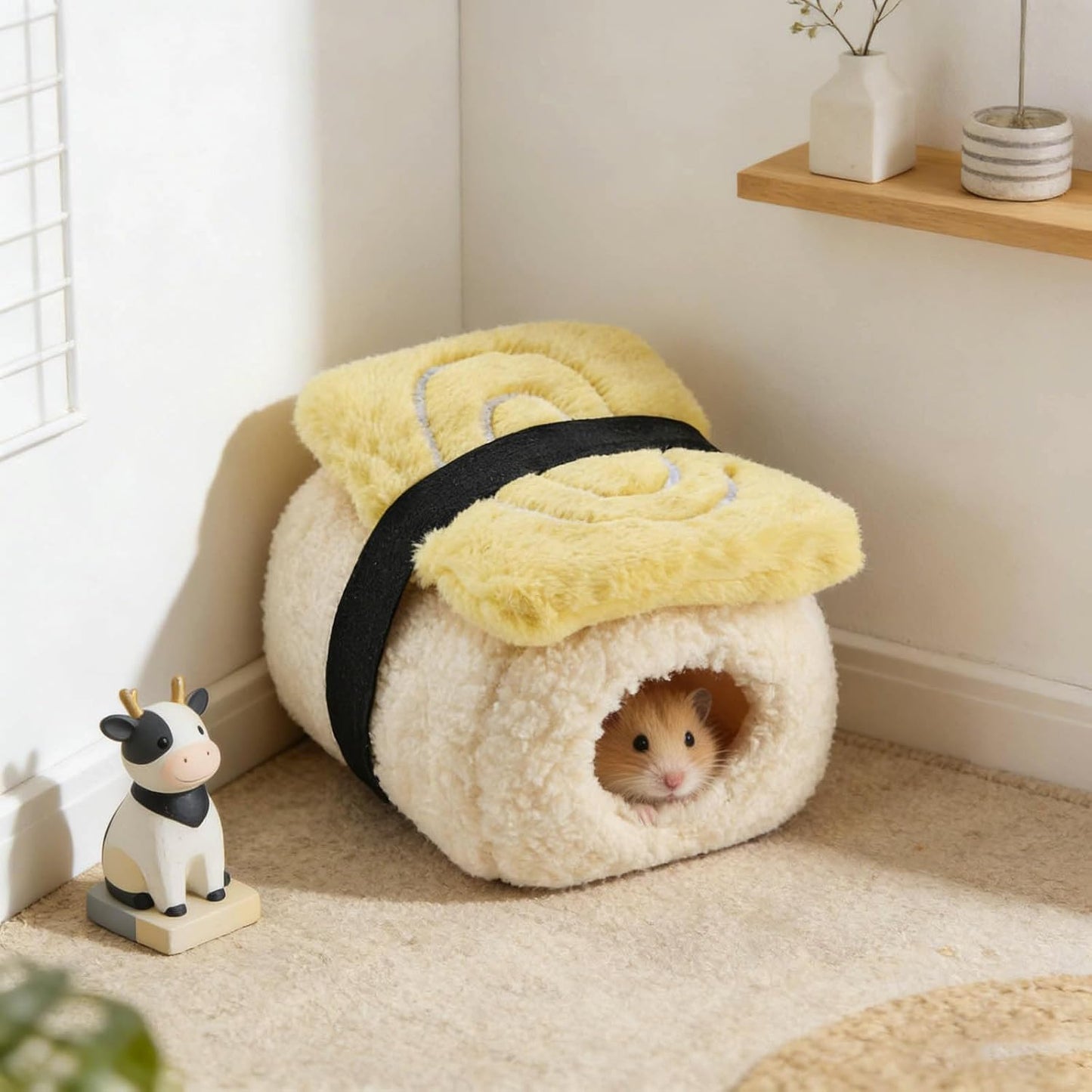 Sushi Shape Hamster Bed Plush Guinea Pig Cave Bed Warm Small Pet House Habitat Comfortable Hamster Hideout Small Pet Beds (Yellow)