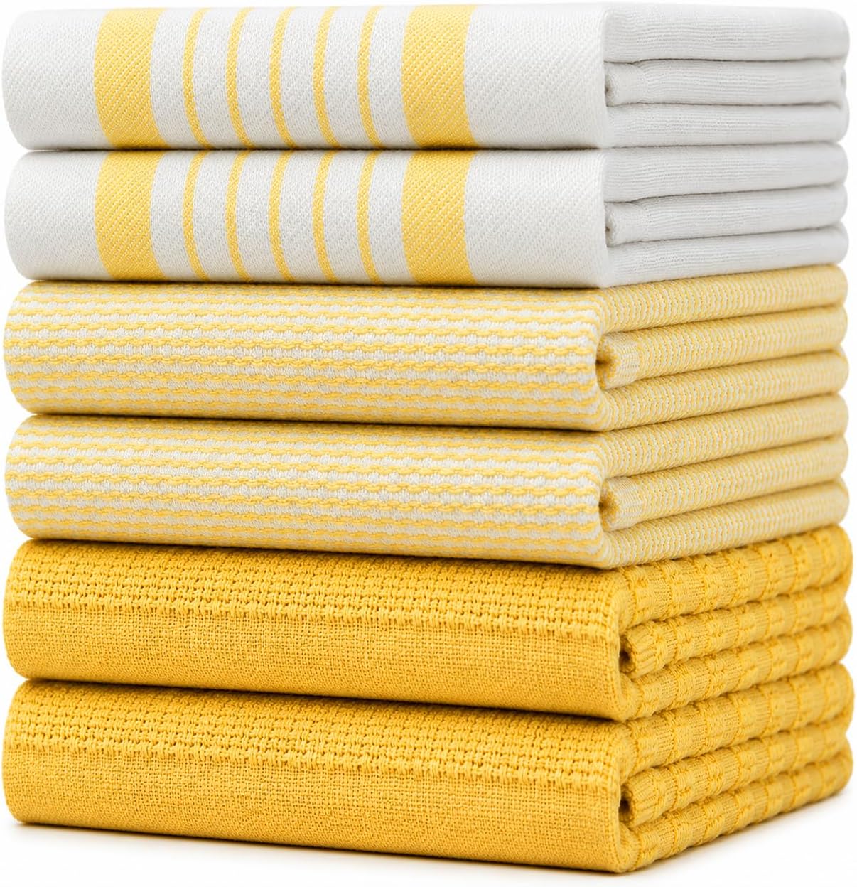 Premium Kitchen Towels (20”x 28”, 6 Pack) | Large Cotton Dish Towels | Flat & Terry Highly Absorbent Kitchen Linen Set with Hanging Loop | Yellow Striped