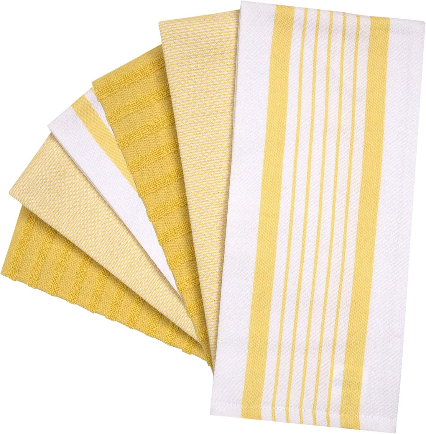 Premium Kitchen Towels (20”x 28”, 6 Pack) | Large Cotton Dish Towels | Flat & Terry Highly Absorbent Kitchen Linen Set with Hanging Loop | Yellow Striped