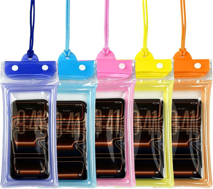 5 Pack 8.6" Multicolor Floating Waterproof Phone Pouch, IP68 Airbag Case with 3-Layer Ziplock, Clear Dry Bag with Lanyard for Beach, Swimming, Cruise Essentials for iPhone 17 16 Pro Max,Samsung