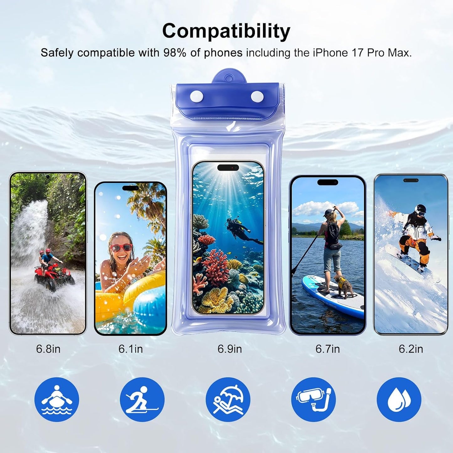 5 Pack 8.6" Multicolor Floating Waterproof Phone Pouch, IP68 Airbag Case with 3-Layer Ziplock, Clear Dry Bag with Lanyard for Beach, Swimming, Cruise Essentials for iPhone 17 16 Pro Max,Samsung