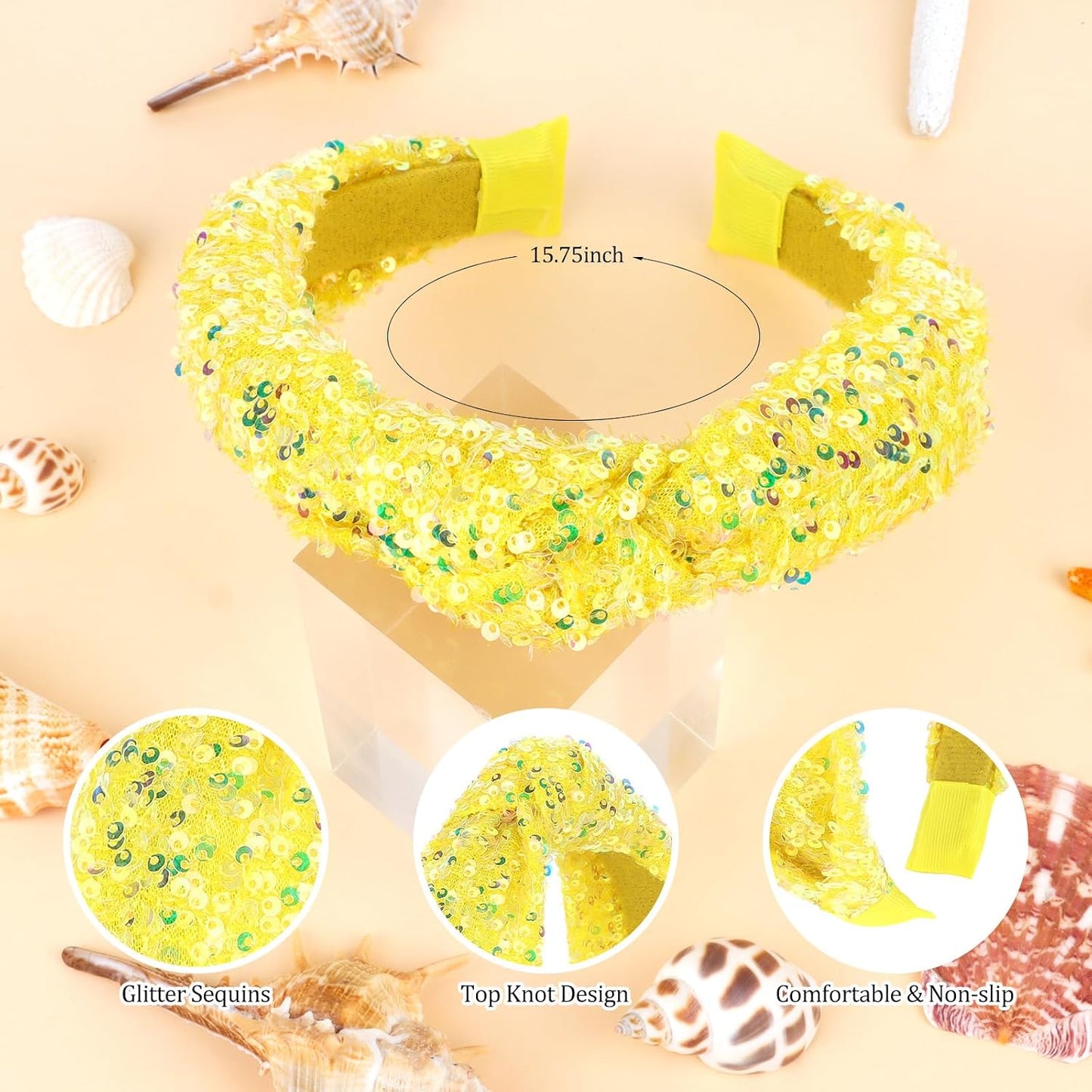 Sequin Knotted Headband for Women Sparkle Wide Headband Knot Hair Bands Accessories Cute Little Girl Headbands Princess Glitter Girls Hair Accessories (Yellow)