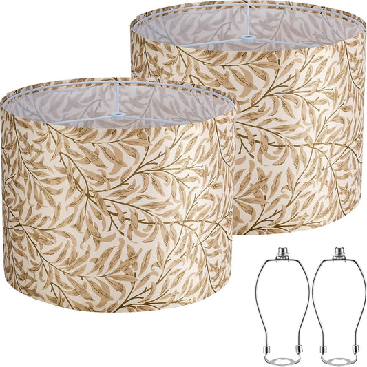 Yellow Leaf 13" Lamp Shades Set of 2 with Harps, Spider Fitter | Includes 2 shades, 2 harps and 2 finials. 13" x 13" x 10". Yellow leaf drum shade; spider only, not UNO/clip-on.