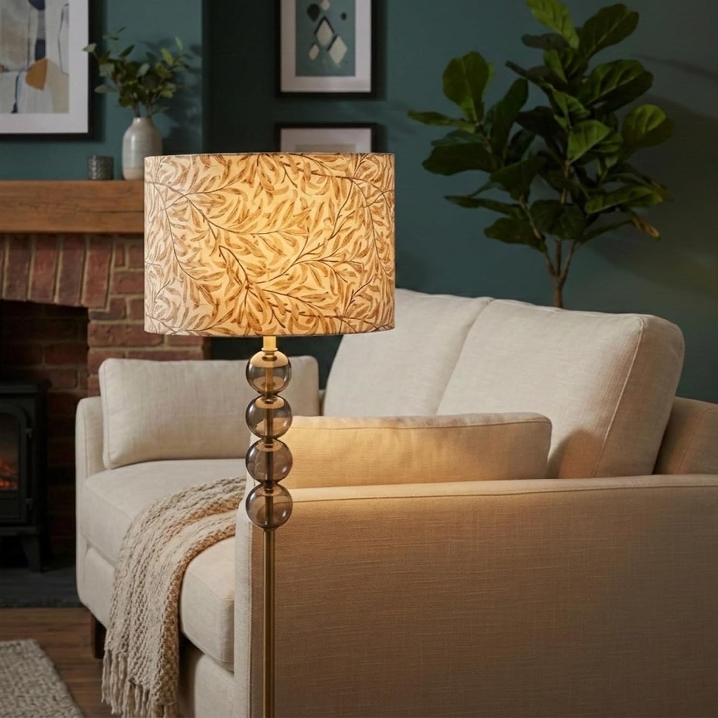 Yellow Leaf 13" Lamp Shades Set of 2 with Harps, Spider Fitter | Includes 2 shades, 2 harps and 2 finials. 13" x 13" x 10". Yellow leaf drum shade; spider only, not UNO/clip-on.