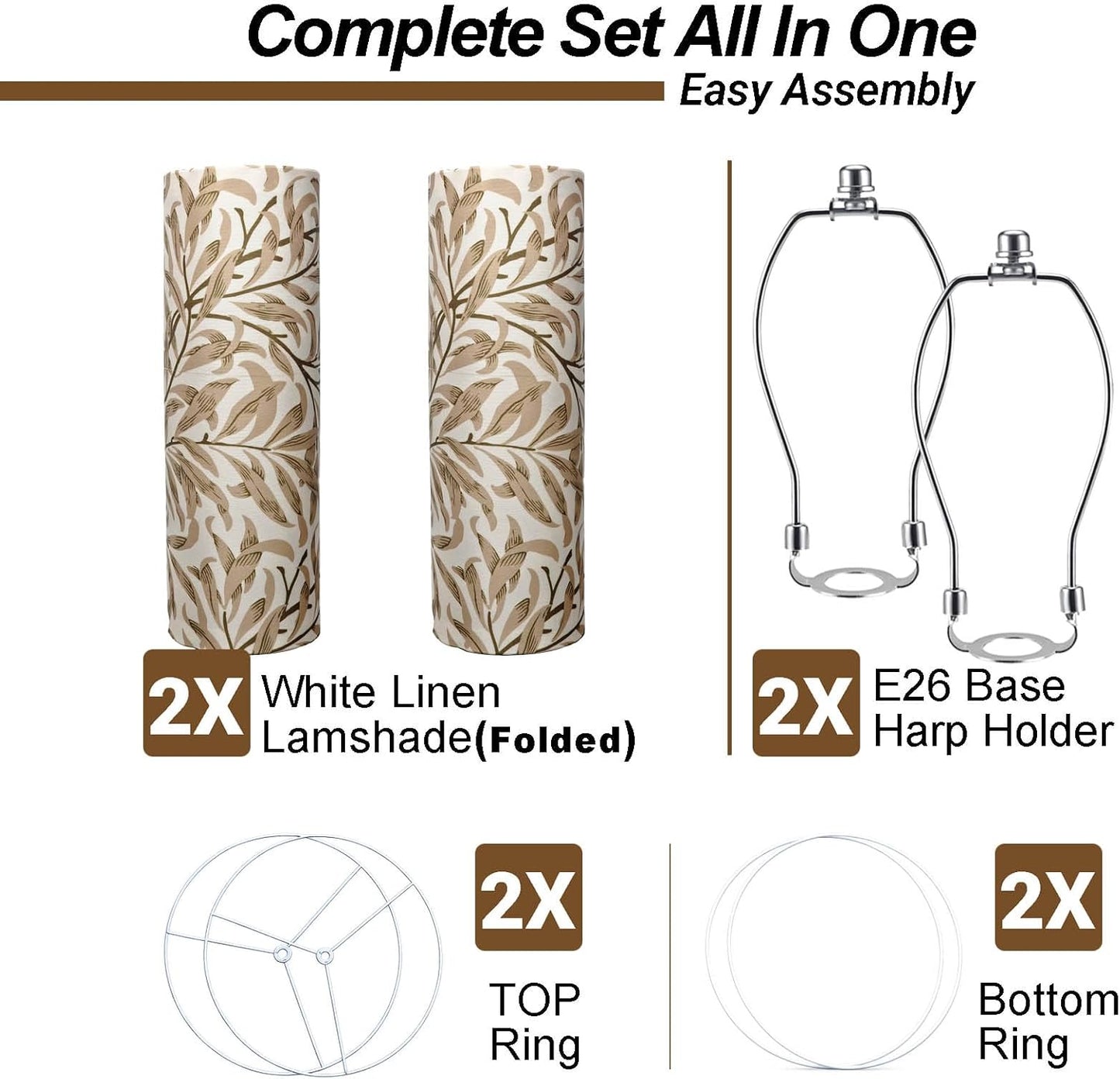Yellow Leaf 13" Lamp Shades Set of 2 with Harps, Spider Fitter | Includes 2 shades, 2 harps and 2 finials. 13" x 13" x 10". Yellow leaf drum shade; spider only, not UNO/clip-on.