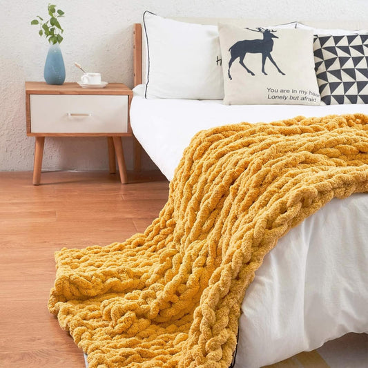 Chunky Knit Blanket Throw, Handmade Soft Knitted Blanket, Thick Warm Cable Knit Throw for Bed Chair Couch Sofa, Yoga Mat Rug Home Decor Gift,Yellow,80x100cm