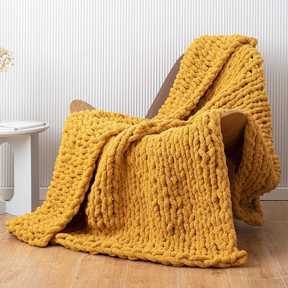 Chunky Knit Blanket Throw, Handmade Soft Knitted Blanket, Thick Warm Cable Knit Throw for Bed Chair Couch Sofa, Yoga Mat Rug Home Decor Gift,Yellow,80x100cm