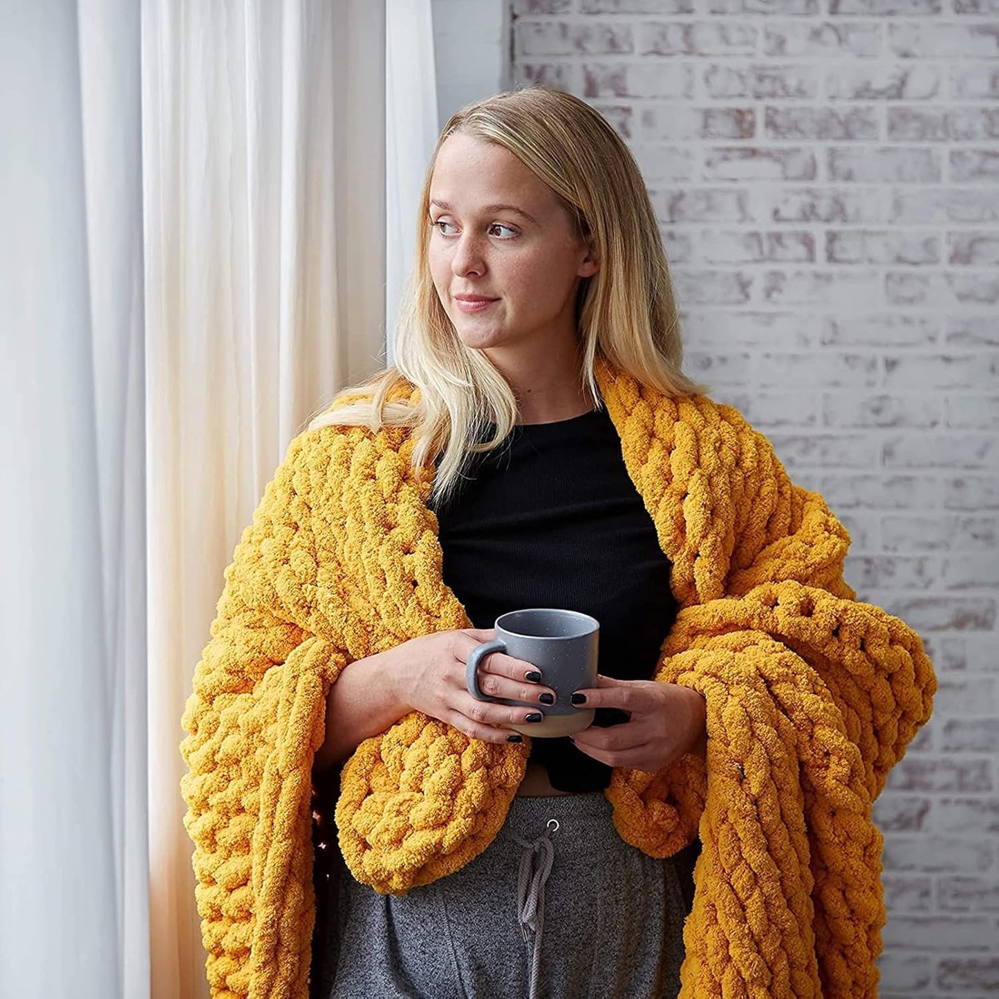 Chunky Knit Blanket Throw, Handmade Soft Knitted Blanket, Thick Warm Cable Knit Throw for Bed Chair Couch Sofa, Yoga Mat Rug Home Decor Gift,Yellow,80x100cm