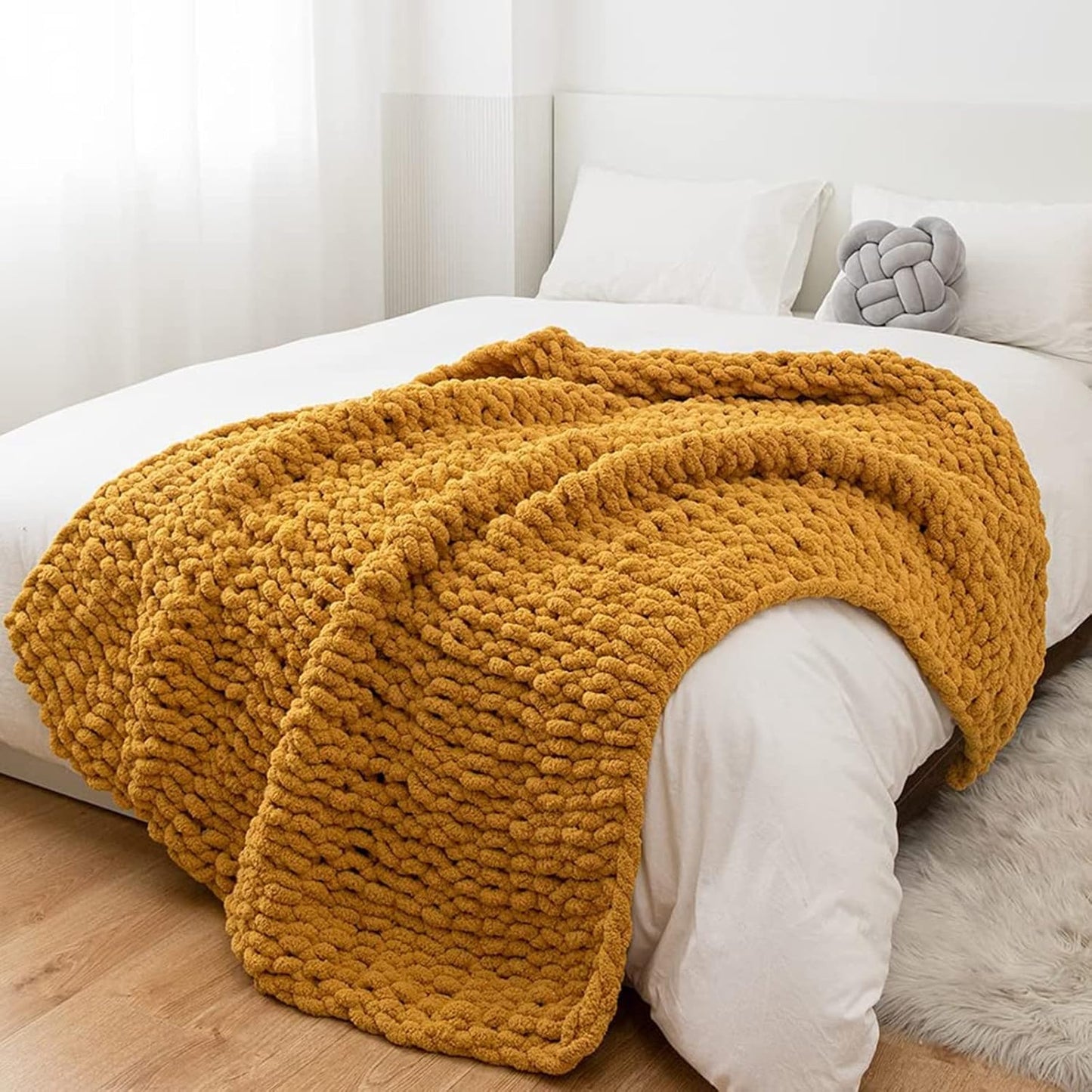 Chunky Knit Blanket Throw, Handmade Soft Knitted Blanket, Thick Warm Cable Knit Throw for Bed Chair Couch Sofa, Yoga Mat Rug Home Decor Gift,Yellow,80x100cm
