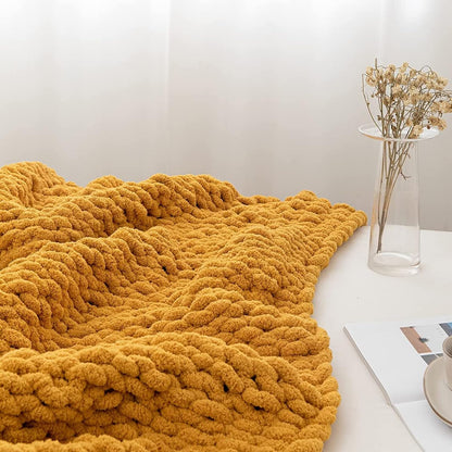 Chunky Knit Blanket Throw, Handmade Soft Knitted Blanket, Thick Warm Cable Knit Throw for Bed Chair Couch Sofa, Yoga Mat Rug Home Decor Gift,Yellow,80x100cm