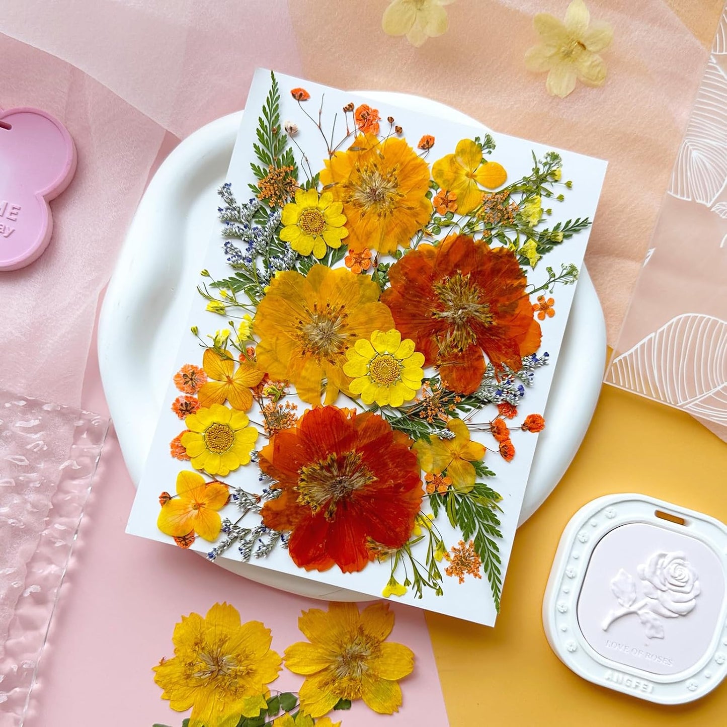 35Pcs Yellow Pressed Dried Flowers for Resin Molds, Real Natural Bulk Orange Dry Floral Leave for DIY Art Crafts, Epoxy Jewelry, Candle, Soap Making, Nails Decors