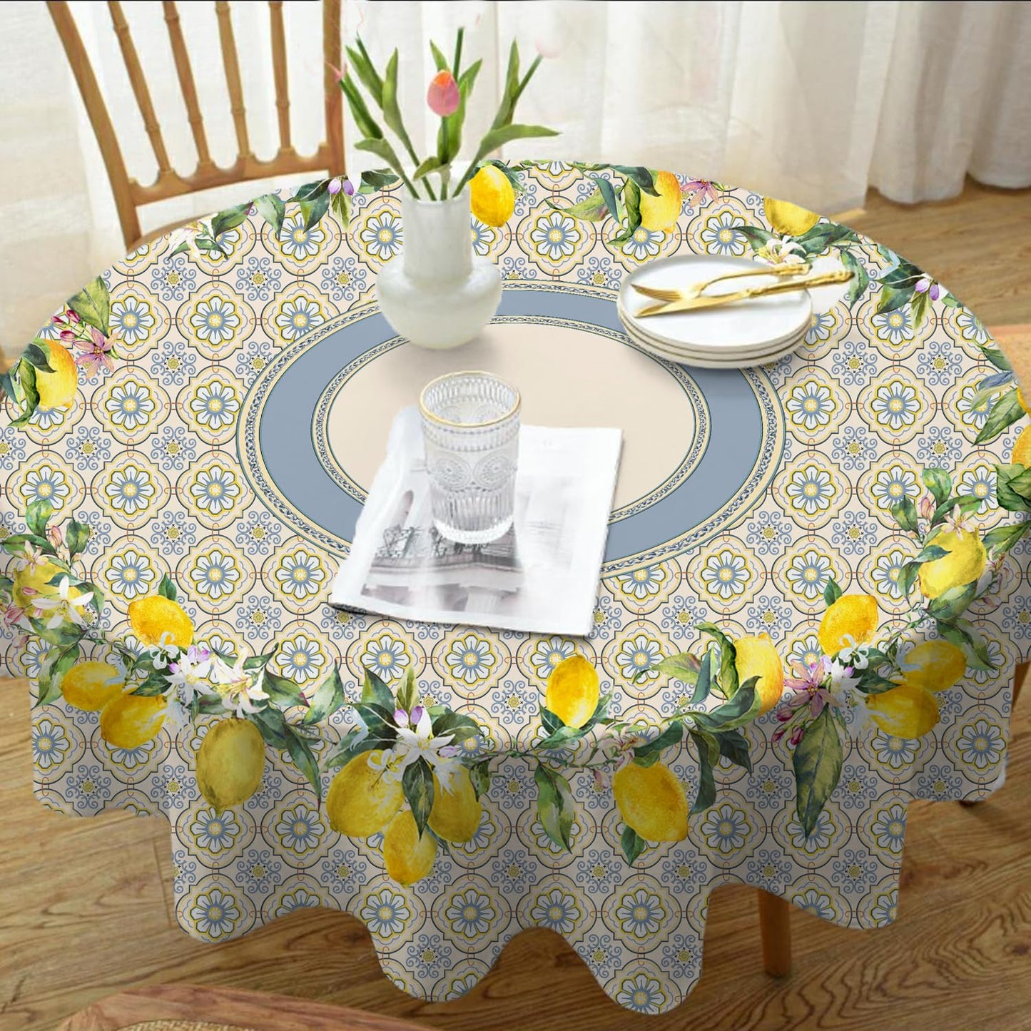 Yighty Round Tablecloth 60x60 inch, Waterproof Wrinkle Resistant Durable Polyester Table Cover Lemon Tablecloth for Indoor and Outdoor, Holiday Farmhouse Kitchen Dining and Parties