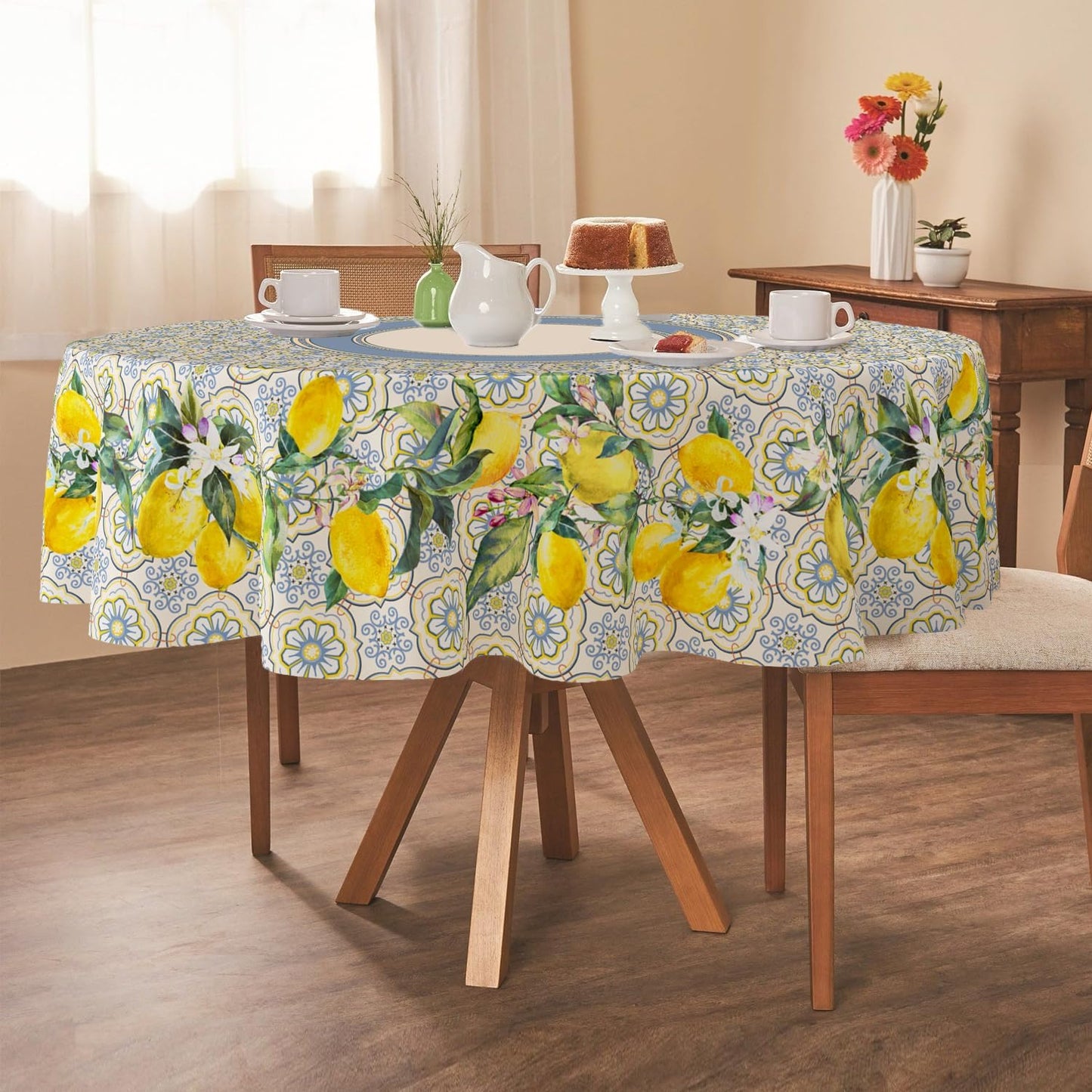 Yighty Round Tablecloth 60x60 inch, Waterproof Wrinkle Resistant Durable Polyester Table Cover Lemon Tablecloth for Indoor and Outdoor, Holiday Farmhouse Kitchen Dining and Parties