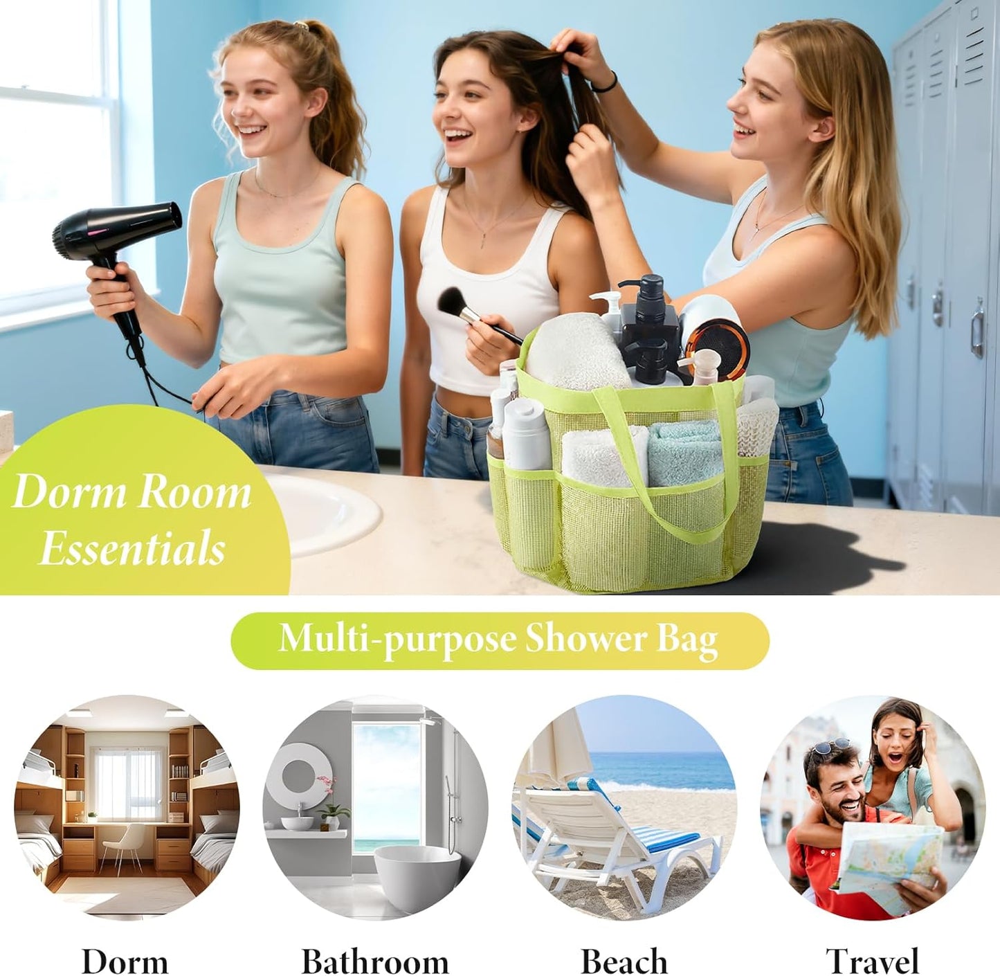 Mesh Shower Caddy Portable, Quick Dry Hanging Shower Tote Bag for College Dorm Room Essentials, Large Capacity Caddy Dorm for Bathroom Gym Swimming