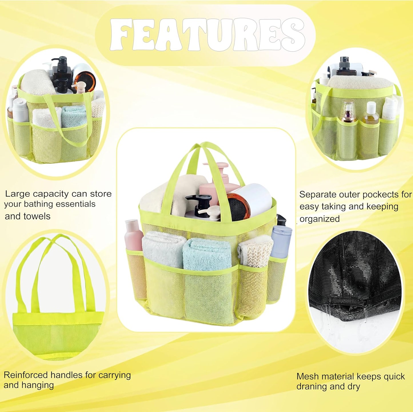 Mesh Shower Caddy Portable, Quick Dry Hanging Shower Tote Bag for College Dorm Room Essentials, Large Capacity Caddy Dorm for Bathroom Gym Swimming