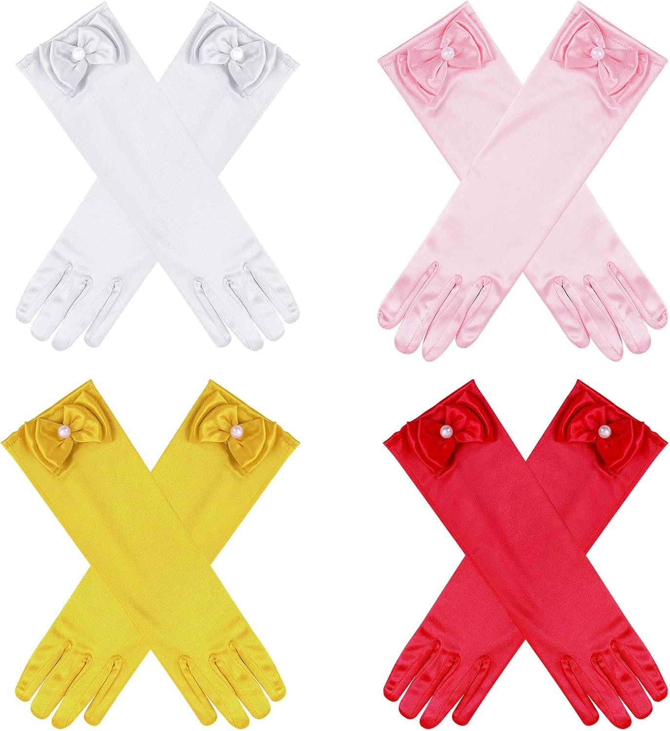 4 Pairs Satin Princess Gloves,Pearl Long Stain Gloves for Wedding Birthday First Communion Theme Party and Banquet