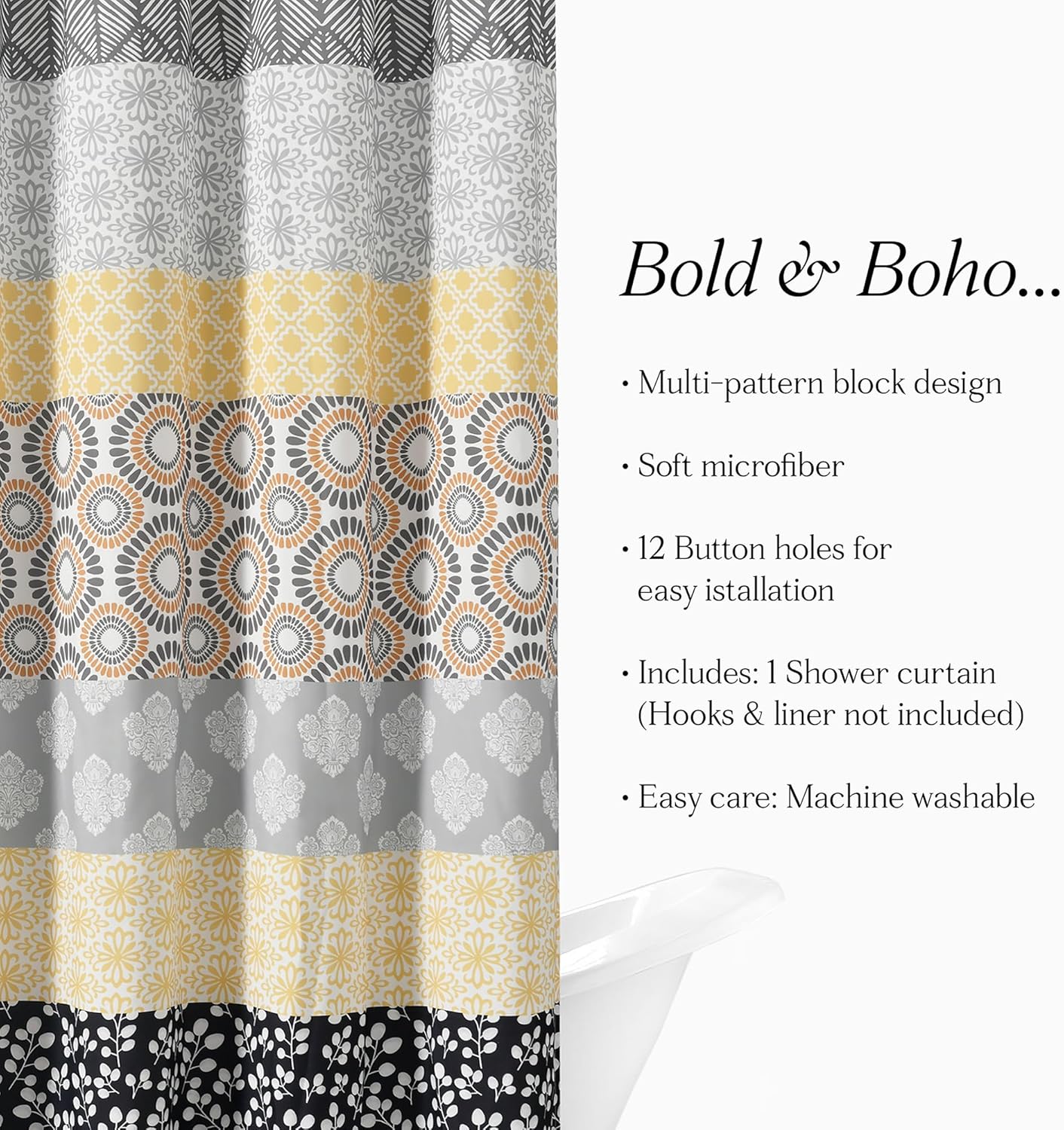 Bohemian Stripe Shower Curtain, 72" W x 72" L, Yellow & Gray - Bathroom Curtain - Striped Shower Curtain - Boho Decor - Fabric Shower Curtains