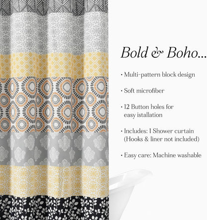 Bohemian Stripe Shower Curtain, 72" W x 72" L, Yellow & Gray - Bathroom Curtain - Striped Shower Curtain - Boho Decor - Fabric Shower Curtains