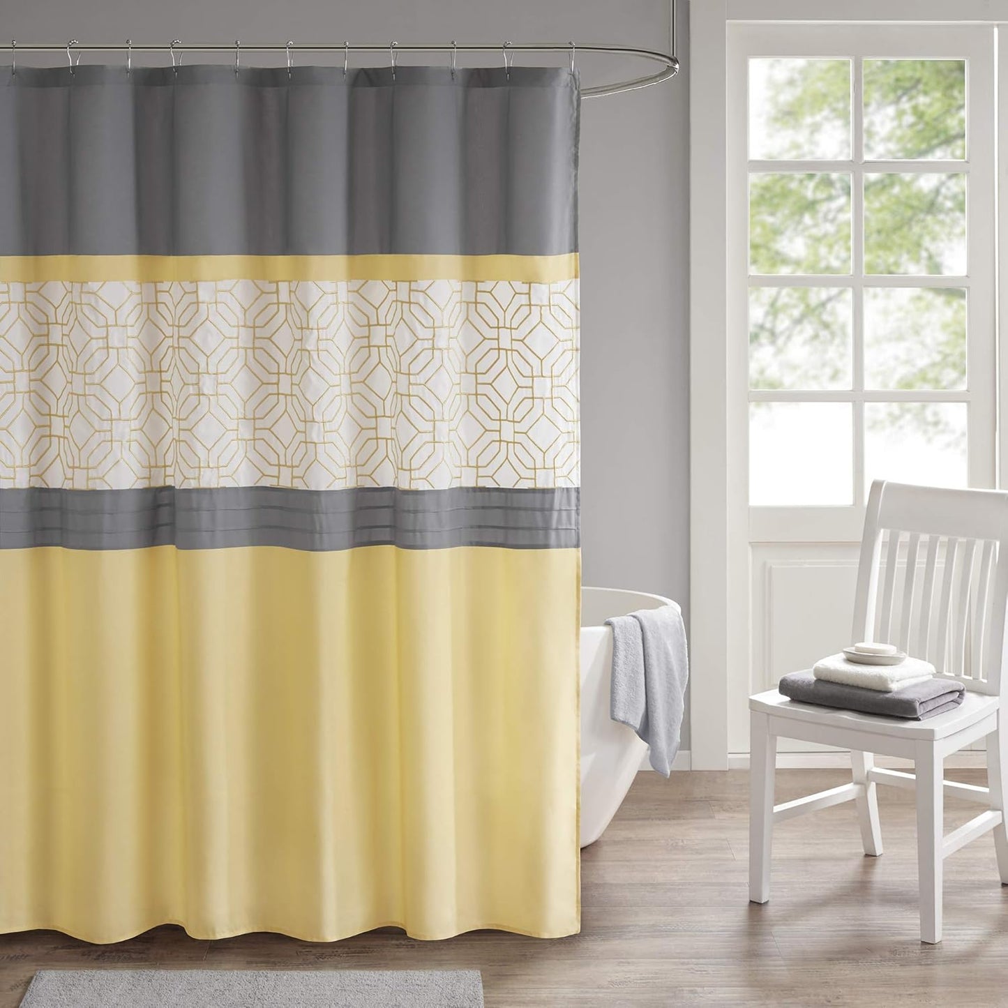 Shower Curtain, Geometric Textured Embroidery Design with Built-in Liner, Modern Mid-Century Bathroom Decor, Machine Washable, Fabric Privacy Screen, 72x72,Donnell, Yellow/Grey