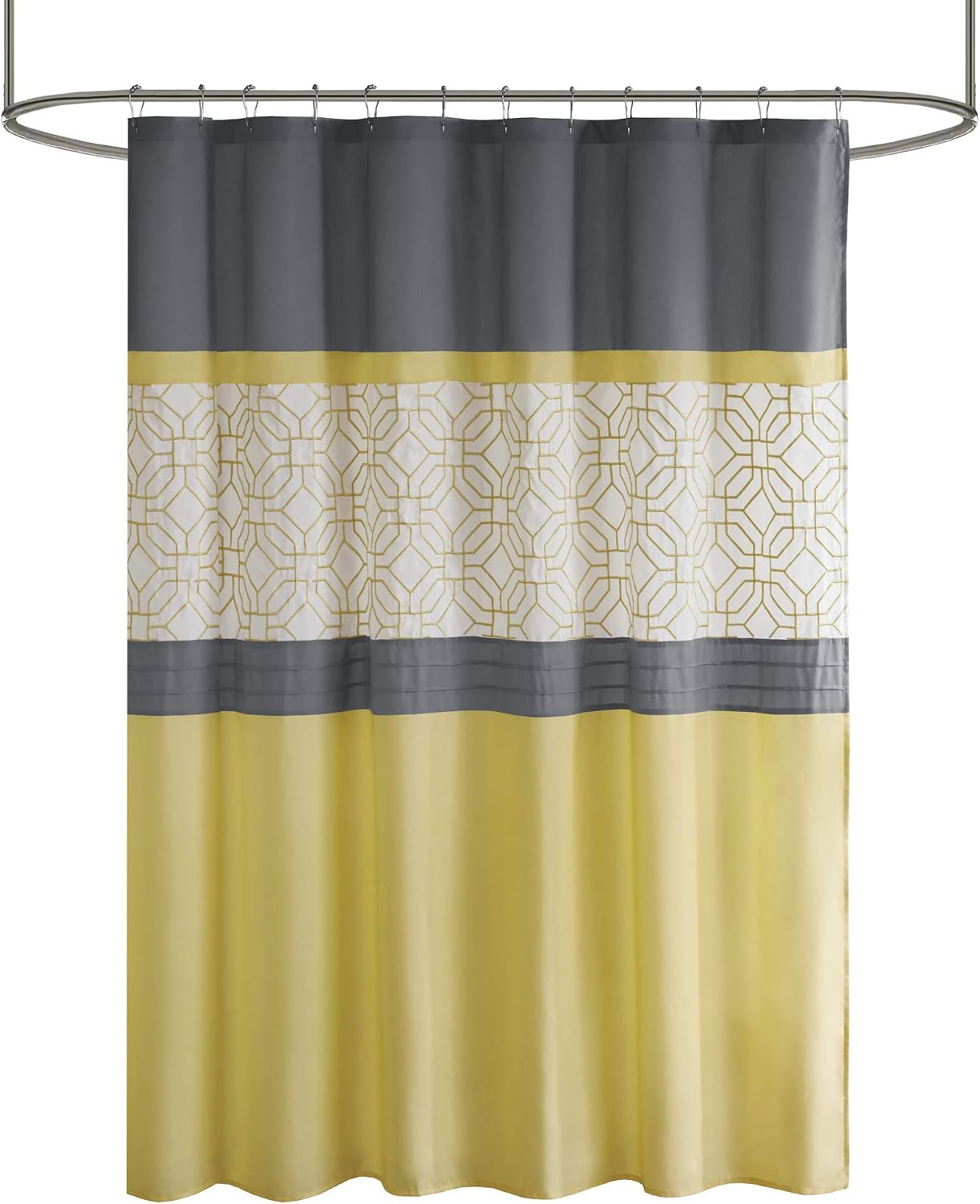 Shower Curtain, Geometric Textured Embroidery Design with Built-in Liner, Modern Mid-Century Bathroom Decor, Machine Washable, Fabric Privacy Screen, 72x72,Donnell, Yellow/Grey