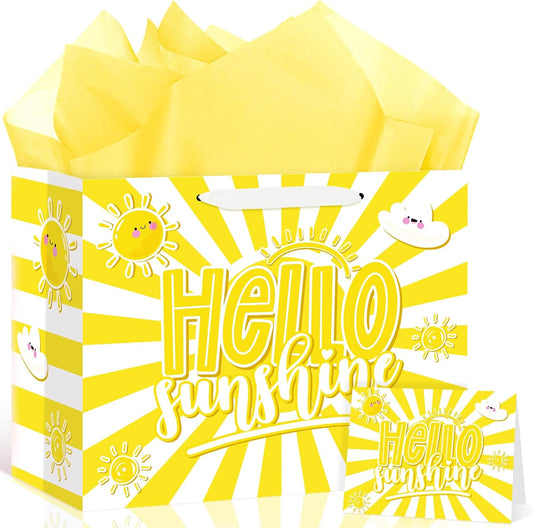 Hello Sunshine Party Supplies Hello Sunshine Gift Bag With Wrapping Paper and Card Large Yellow Sun Birthday Party Wrapping Paper Bag with Handle Goodie Gift Bags for Birthday Baby Showers Decorations