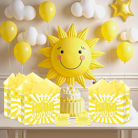 Hello Sunshine Party Supplies Hello Sunshine Gift Bag With Wrapping Paper and Card Large Yellow Sun Birthday Party Wrapping Paper Bag with Handle Goodie Gift Bags for Birthday Baby Showers Decorations