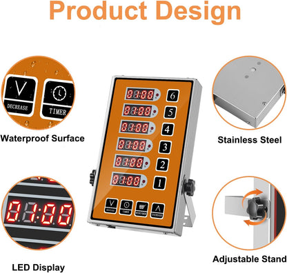 Kitchen Timers for Cooking – 6 Channel Commercial Kitchen Timer Restaurant Kitchen Supplies – Stainless Steel LED Technology Kitchen Timer Digital – Reminder Function, Loud Alarm, Yellow