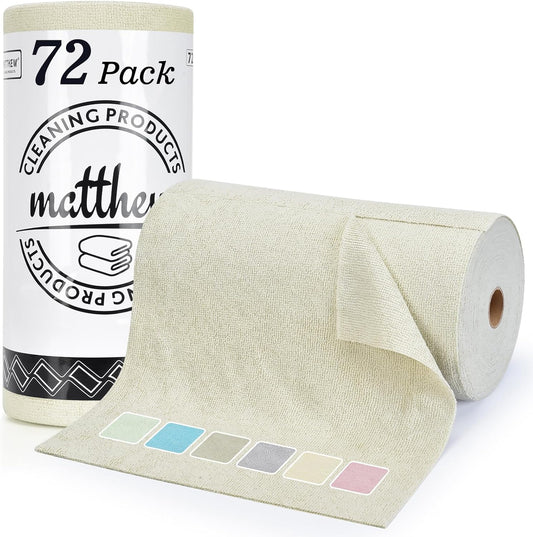 Matthew Microfiber Cleaning Cloth Roll 72Pack (12" x 12") Reusable Paper Towels&Washable Tear Away Towels,Ultra Water Absorbent Lint&Streak Free Cleaning Rags for Glass,Dishwash,Bathroom,Cars-Yellow